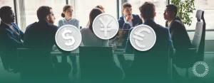 eam in a meeting with dollar, yen, and euro icons overlaid, Optima Juris logo bottom right.