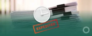 Stack of documents with a clock and red 'EXPEDITED' stamp, Optima Juris logo bottom right.